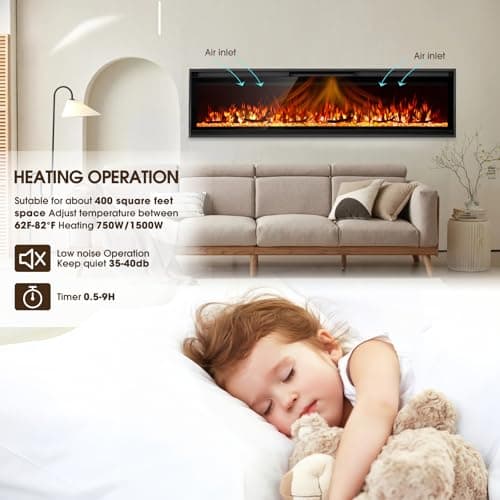 60 Inch Ultra-Narrow Bezel Electric Fireplace,Log & Crystal,Recessed/Wall Mounted,Dual Control,Remote & Touch,750/1500W Heater,Timer,4-Color Flames/Embers & 3-Color Top Lights. - Thumbnail 2