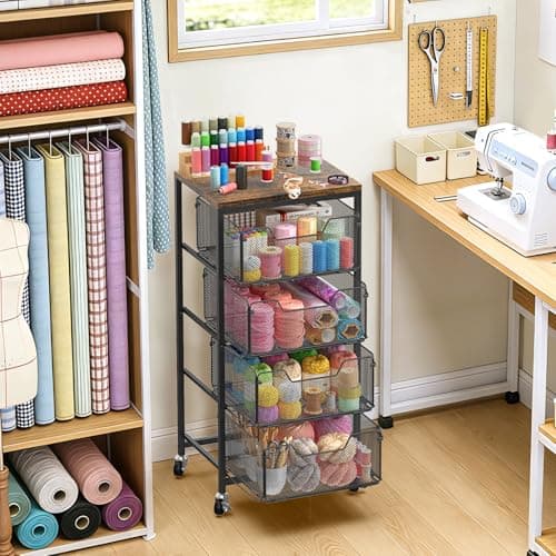 SUNALLY Rolling Kitchen Cart with Drawers, 4-Tier Utility Cart Fruit Vegetable Storage Cart with Lockable Wheels, Wooden Top Metal Kitchen Storage Organizer for Cans, Snacks, Beauty, Craft, Art, Black - Thumbnail 6