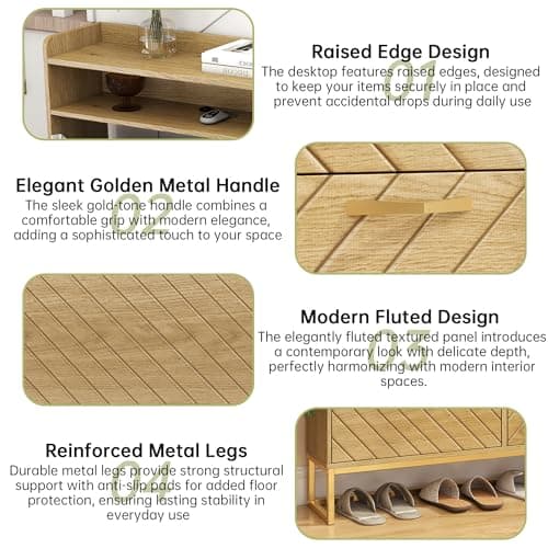 Hadulcet Hidden Shoe Cabinet with 4 Flip Drawers, Long Wood Shoe Storage Cabinet for Entryway Closet, Narrow Freestanding Shoe Rack Organizer w/Adjustable Shelves, Metal Legs, Cupboard, Natural Wood - Thumbnail 6