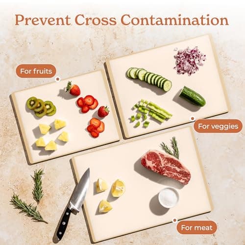 SMIRLY Plastic Cutting Board Set with Holder 4 Pieces, Non-Slip Dishwasher Safe Chopping Boards for Kitchen, Cream White - Thumbnail 4