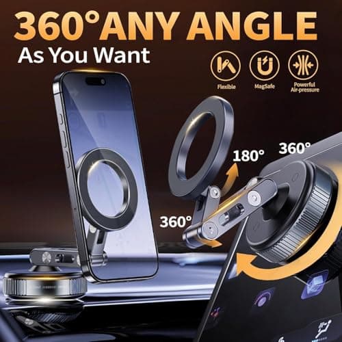Obmnor Vacuum Magnetic Car Phone Mount for MagSafe, 360° Adjustable Ball Joint, Strong Suction Cup Windshield Phone Holder with Aluminum Alloy Telescopic Arm - Thumbnail 2