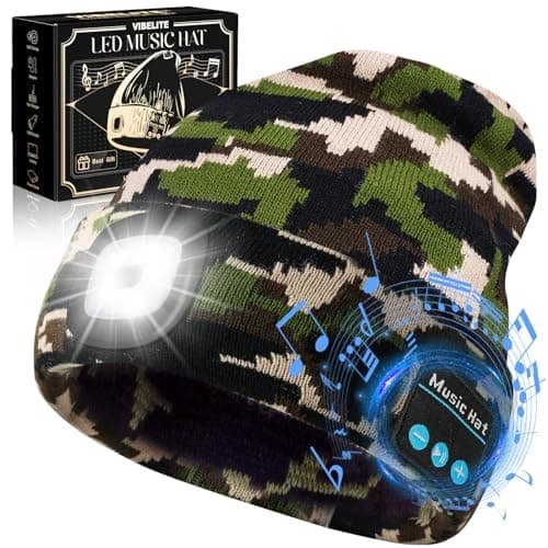 VIBELITE Bluetooth Beanie Hat with Light, USB Rechargeable LED Headlamp with Wireless Headphones, Fathers Day Gift for Dad, Husband, Gifts for Men, Dad Gifts from Daughter, Wife, Camouflage