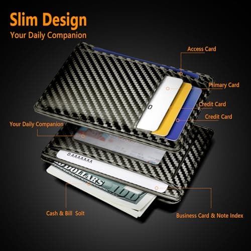 Travelambo Front Pocket Minimalist Leather Slim Wallet RFID Blocking Carbon Fiber Texture(Black) - Thumbnail 4