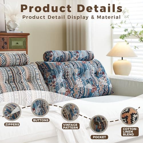 ZERALIVEN Boho Headboard Pillow for Twin XL, Large Triangular Wedge Pillow for Headboard Gap, Daybed for Sitting Up in Bed, Couch or Sofa with Removable Washable Cover and Side Pockets, Sky Bloom - Thumbnail 3