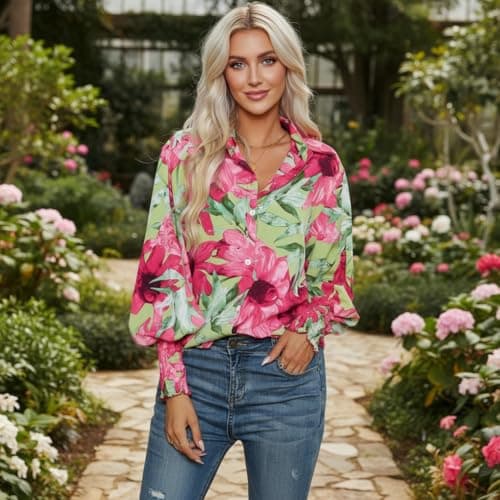 Mincib Women's Floral Print Blouse Long Sleeve Button Down Shirts Casual Dressy Blouse Shirts Tops(02Red,S) - Thumbnail 3