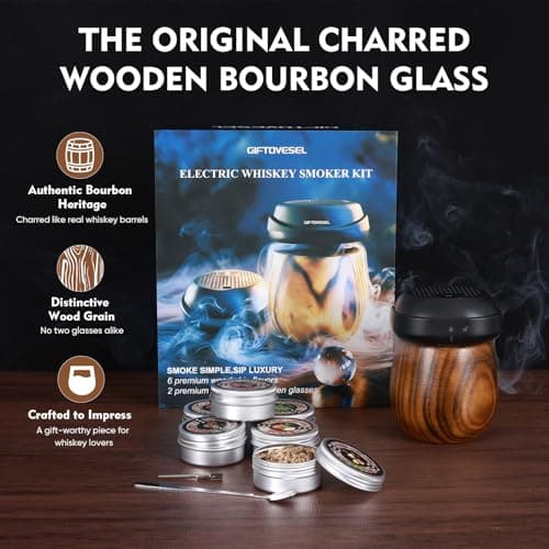 Electric Cocktail Smoker Kit with Unique Charred Wooden Glasses, Whiskey Smoker Kit with 6 Flavors Wood Chips, Instant Smoke Output – Ideal Gift for Cocktail & Whiskey Lovers - Thumbnail 4