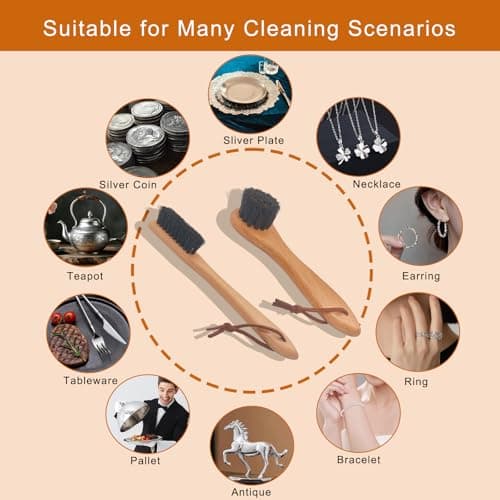 PDDYIER Horsehair Silver Brush, 2 Pack Detailing Brush Set for Silverware, Jewelry Cleaning Brushes for Sterling, Cutlery, Metal, Perfect Match for Silver Polish - Thumbnail 2