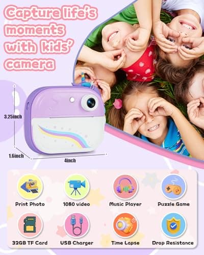 FAYOGOO Kids Camera Instant Print, Christmas Birthday Gifts for Girls Age 3-12, Ideal Toy for 3 4 5 6 7 8 9 10 Years Old Girls Boys, Toddler Camera Toys with 3 Rolls Print Paper & 32GB Card (Purple) - Thumbnail 2