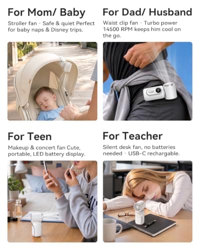 Mini Clip on Fan Handheld, 3000mAh Rechargeable Portable Fan with LED Display, 3-in-1 Personal Cooling Fan, 5 Speeds Quiet USB C Fan for Stroller Desk Travel Camping Office for Women Men Kids, White - Thumbnail 3