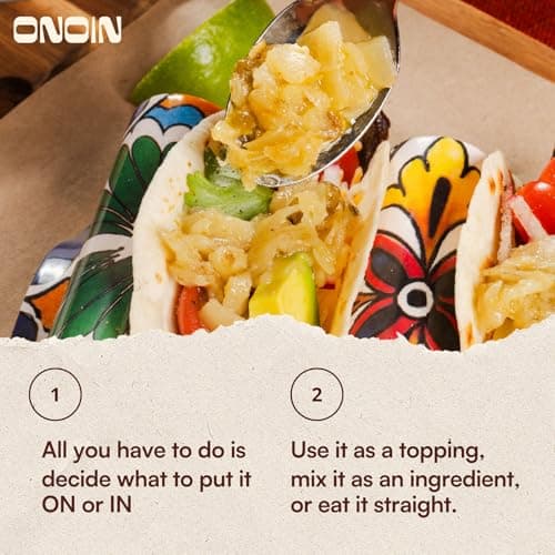 ONOIN Chopped Onions in 100% Olive Oil - Seed Oil Free & Ready-to-Use Flavor Base & Topping | Variety Pack 9 oz (Pack of 4) In Glass Jar | Fresh Marinated Onions & All Natural Cooking Base for Sauces, Soups, & Recipes - Thumbnail 4