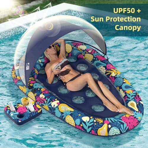 Sunikko X 3-in-1 Pool Floats with Canopy Cup Holder, Tanning Pool Large 73" x 48" Float Adult Heavy Duty, Inflatable Lounger Raft Floating Chair with Backrest, Swimming Pool Lake Beach Party - Thumbnail 2