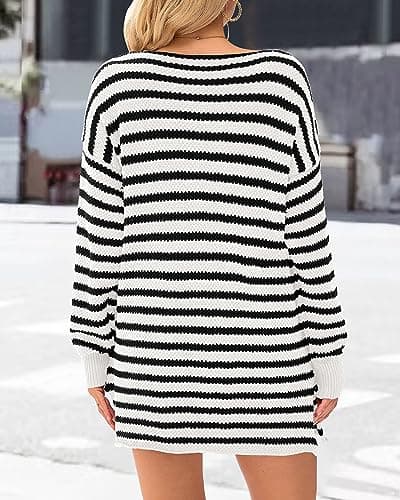 KIRUNDO Women's 2026 Fall Winter Oversized Long Sleeve Striped Sweater Casual Crewneck Side Split Pullover Knit Tops(Beige White, Medium) - Thumbnail 5