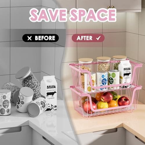 4 Pcs Stackable Wire Baskets for Pantry Organizers and Storage,pink, - Thumbnail 5