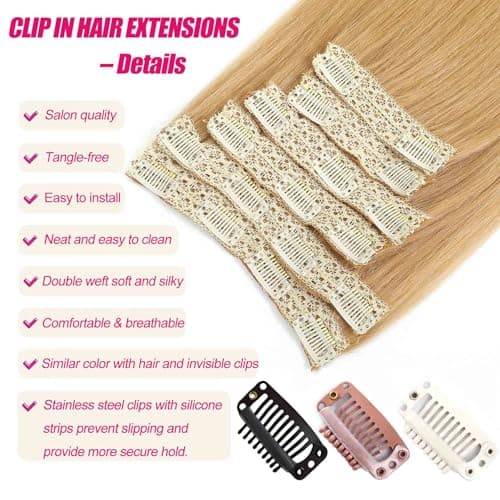 Yaki Straight Clip in Hair Extensions Real Human Hair 120g 6pcs Remy Human Hair Extensions Double Weft Clip ins for Women (27#, 20 Inch) - Thumbnail 4