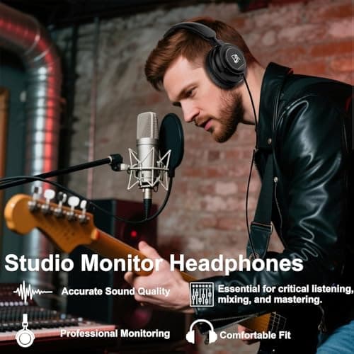 BeAttack Wired Over Ear Headphones Studio Monitor & Mixing DJ Stereo Headsets with 50mm Drivers and 1/4 to 3.5mm Jack for Cellphone Type C AMP Computer Recording Podcast Keyboard Guitar Laptop Black - Thumbnail 4