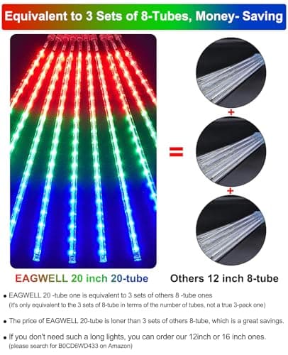 EAGWELL Meteor Shower Lights UL Certified 1080 LEDs 20 Tubes Falling Rain Drop Ramadan Lights Cascading Lights for Xmas Tree Halloween Decorations Wedding Party Holiday Garden Decor, Multicolor - Thumbnail 4