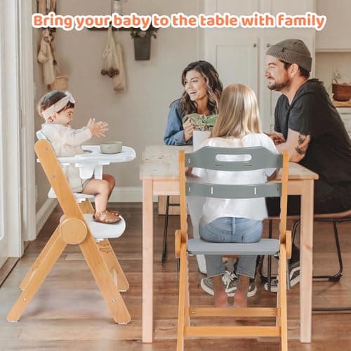 Ezebaby Foldable Wooden High Chair, No-Tools Adjustable Baby High Chair for Toddlers to Adult, Space-Saving Space Highchairs with Double Tray & Washable Cushion (Modern White) - Thumbnail 5