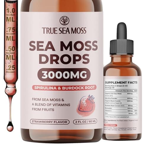 TrueSeaMoss Organic Irish Sea Moss Liquid Drops – Black Cumin Seed Oil, Spirulina, Burdock Root Extract, Vitamin C & Zinc – Strawberry Flavor – 30 Servings - Image 1