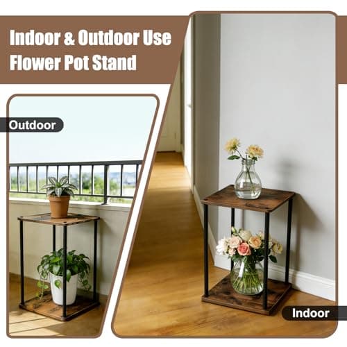 Vigordream Plant Stand Indoor Outdoor 2 Tier Metal Plant Shelf Tall Pedestal Stand Flower Pot Stands Multiple Planter Support Rack for Corner Living Room, Balcony, Garden Patio (Retro Brown, 17 INCH) - Thumbnail 5