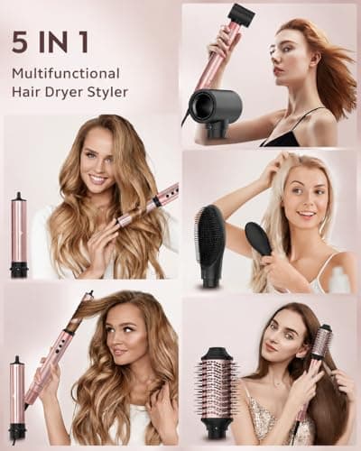 Brightup 5 in 1 Air Styler, 1400W High Speed Hair Dryer Brush, Professional Automatic Hair Curler with Cool Shot Button, 800 Million Ionic, No Heat Damage, with Travel Bag - Thumbnail 2