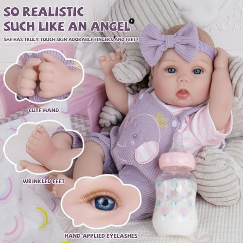 Milidool Lifelike Reborn Baby Dolls Girl-18 inch Realistic Newborn Baby Dolls, Soft Cloth Weighted Body with Feeding Toy, Gift for Kids Ages 3+ - Thumbnail 6