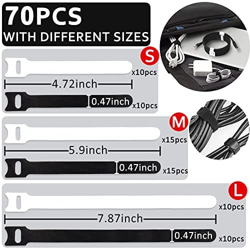 70pcs Cable Ties Reusable Black and White Wire Ties Cable Management Cord Ties Reusable for Electronics Hook and Loop Cable Ties for Computer 4 6 8 Inch - Thumbnail 3