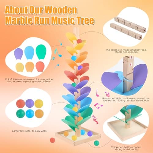 Marble Run Wood Ball Drop Toy for Kids 3-5 Toddlers Wooden Musical Tree Set Ball Run Toys for 4-8 8-12 Years Old Marble Tree Montessori Toys Christmas Birthday Gift (1.1inch Balls) - Thumbnail 3