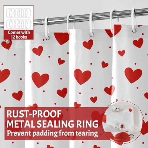 Lutto Valentines Shower Curtain, Heart Shower Curtain Valentines Shower Curtains for Bathroom, White Shower Curtain with Heart Design, Valentines Bathroom Decor for Valentine's Day, 72 X 72 Inch - Thumbnail 6