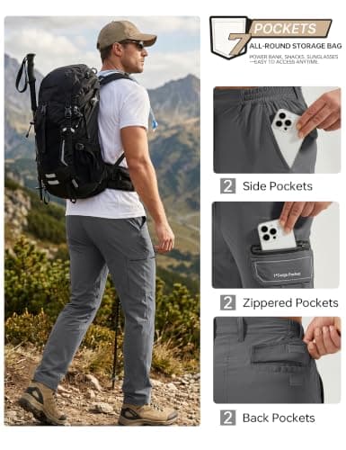 NATUVENIX Hiking Pants Men Lightweight Mens Travel Pants Quick Dry Cargo Work Pants for Men Water Resistant Fishing Pants Darkgrey - Thumbnail 4