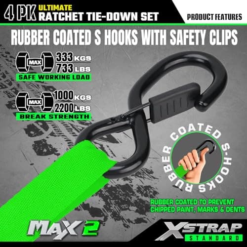 XSTRAP Motorcycle Tie Down Strap (4PK) - 2,200lb Break Strength 1" x 15ft Ratchet Tie Down Straps Set, Soft Loop Ratchet Straps for Moving Appliances, Lawn Equipment, Cargo Straps for Trucks, Green - Thumbnail 3
