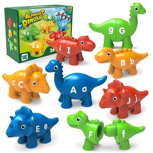 Edumoteso 26PCS Dinosaur Alphabet Learning Toys for Kids Ages 3-5, Double-Sided ABC Matching Game with Uppercase Lowercase, Montessori Educational Fine Motor Toys, Preschool Sensory Sorting Toy Gift