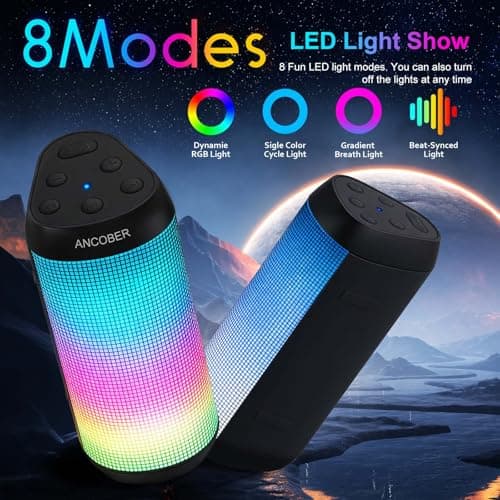 ANCOBER Portable Wireless Bluetooth Speaker with HD Powerful Stereo Sound, 8 Cool LED Light Modes, IPX4 Waterproof, 30H Playtime, TWS Pairing, BT5.3 with AUX-in, for Outdoor/Home/Party, Ideal Gift - Thumbnail 3