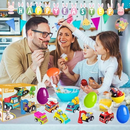 Atiger 18 PCS Easter Egg Fillers with Toys Inside, Easter Basket Stuffers for Toddlers Filled Pull Back Engineering Vehicles Plastic Eggs Party Favors for Kids Egg Hunt Gift Easter Basket Essentials - Thumbnail 5