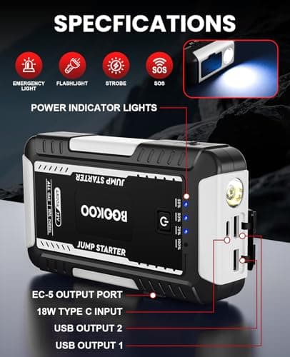 BOOKOO Portable Car Jump Starter, 4500A Jump Start Battery Pack up to 10.0L Gas/ 8.0L Diesel Engines, 12V Car Battery Jump Box with Jumper Cables, Power Bank/QC3.0/Dual Output/LED Light (Silver) - Thumbnail 4