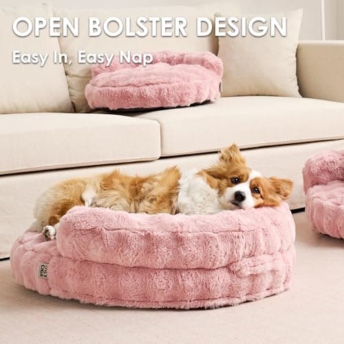 EHEYCIGA Soft Cat Couch Bed for Indoor Cats, Fluffy Small Dog Bed with Removable Washable Cover, Bolster Pet Sofa, Waterproof and Non-Slip, 26" x 26"x 8", Pink - Thumbnail 3
