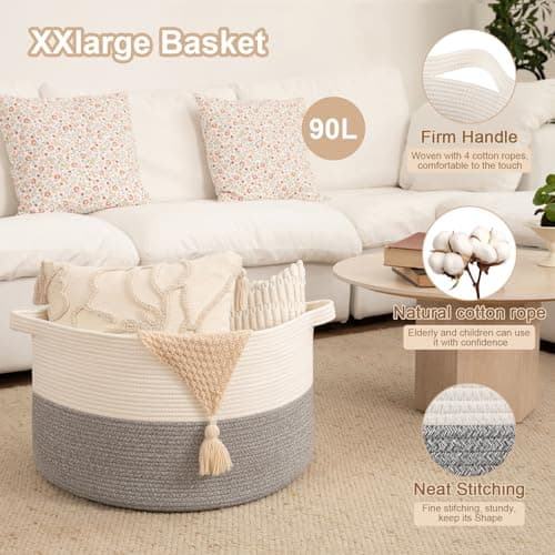 OIAHOMY 90L XXXLarge Blanket Basket for Living Room, 21.7" x 13.8" Woven Cotton Rope Laundry Basket for Organizing Pillows, Decorative Stuffed Animal Toy Storage for Nursery, White and Light Grey - Thumbnail 4