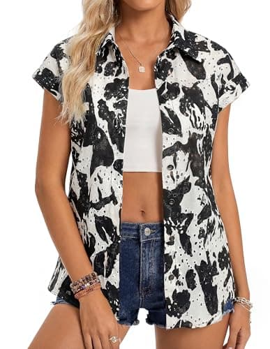 GRACE KARIN Floral Eyelet Spring Summer Tops for Women,2026 V Neck Dressy Casual Shirts,Boho Button Down Short Sleeve Blouses Black S - Image 1