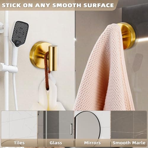Fenas Suction Cup Hooks for Shower - Bathroom Reusable Hooks for Towels, Robes & Loofah - No-Drill Mounting on Kitchen,Walls,Metal,Glass,Mirrors,Tile & Smooth Non-Porous Surfaces (2, Brushed Gold) - Thumbnail 3