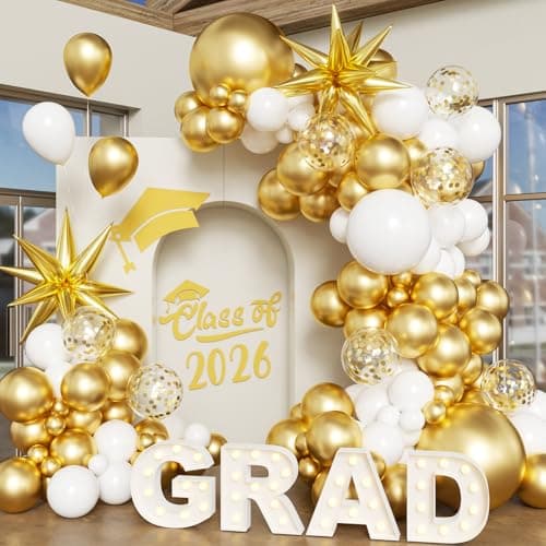 White and Gold Balloon Arch Kit, 130Pcs White and Gold Graduation Decorations with Gold Foil Star Confetti Balloons for College High School Graduation Decorations Class of 2026 - Image 1