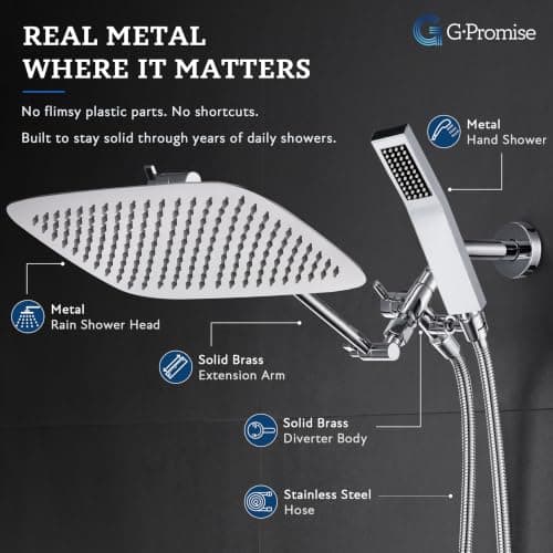 G-Promise All Metal 14 Inch Dual Square Shower Head with Handheld Spray Combo, Rain Shower Head, Adjustable Extension Arm, 3-Way Diverter, 71 Inch Extra Long Hose - A Bathroom Upgrade (Chrome) - Thumbnail 3