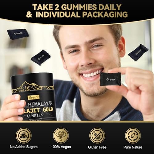 Grevol Himalayan Shilajit Gummies: Gold Grade Shilajit Riched with Ashwagandha Fulvic Acid & 85+ Trace Minerals - No Added Sugar - Individually Wrapped - for Men & Women - 60 Gummy - Thumbnail 5