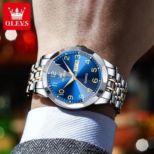 OLEVS Watches for Men Silver Watches for Men Luxury Blue Face Mens Watch Arabic Numeral Dial Stainless Steel Watch Reloj - Thumbnail 6