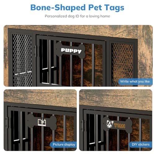 Petrova 33" Dog Crate Furniture with Storage Shelf & 2 Stainless Steel Bowls, Heavy Duty Indoor Dog Kennel for Medium/Small Dogs, Wooden Dog Cage with 4 Hooks, LED Light, Walnut Brown - Thumbnail 3