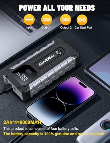 Sharmeal Car Battery Jump Starter 6000A, Car Jumper Starter Battery Pack for Up to All Gas & 10.0L Diesel Engines, 12V Portable Jump Box with 3 Modes Flashlight and Jumper Cable - Thumbnail 3