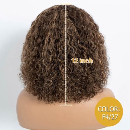 JOEDIR HAIR Fluffy Wig Human Hair Wigs for Black Women Wear and Go Afro Curly Bob Wig with Bangs 12 Inches Water Wave Glueless Wigs 250% Density (F4/27 Ombre Brown) - Thumbnail 4