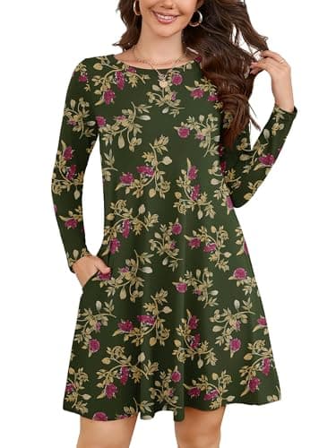 KORSIS Women Long Sleeve T-Shirt Dress Floral Round Neck Casual A-Line Loose Vocation Christmas Tunic Dresses with Pockets XL - Image 1