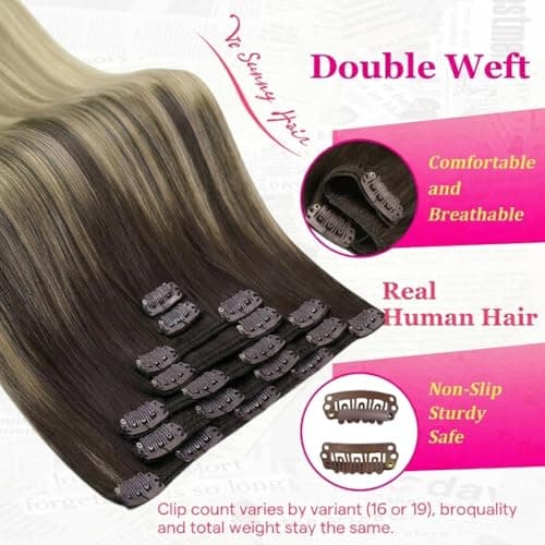 Ve Sunny Real Hair Extensions Clip in Human Hair Brown Ombre Golden Blonde Hair Extensions Clip ins Balayage Platinum Blonde Remy Human Hair Short Straight 12 Inch 85g 5pcs - Thumbnail 4