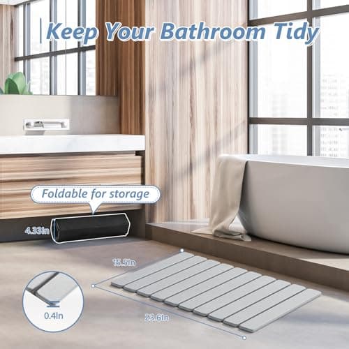 AWW Foldable Stone Bath Mat, Quick Dry Diatomaceous Earth Bath Mat with Non-Slip Mat, Super Absorbent, Easy to Clean, Compact for Small Bathrooms, 23.6 x 15.5, Light Grey - Thumbnail 6