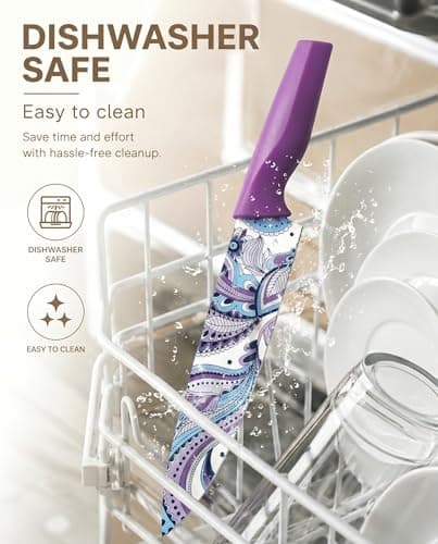 Astercook Paisley Pattern Knife Set with Cover, Dishwasher Safe Colorful Knives with 6 Knife Sheath, German Stainless Steel Rainbow Knife Set - Thumbnail 3