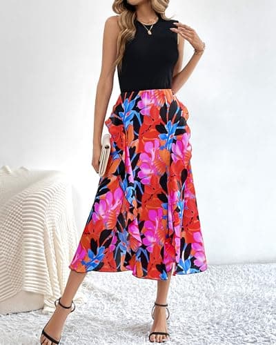 BTFBM Women Casual Sleeveless Summer Dresses 2025 Spring Crewneck Patchwork Boho Floral Ruffle Cocktail Party Midi Dress(Big Floral Multicolor, Medium) - Thumbnail 2